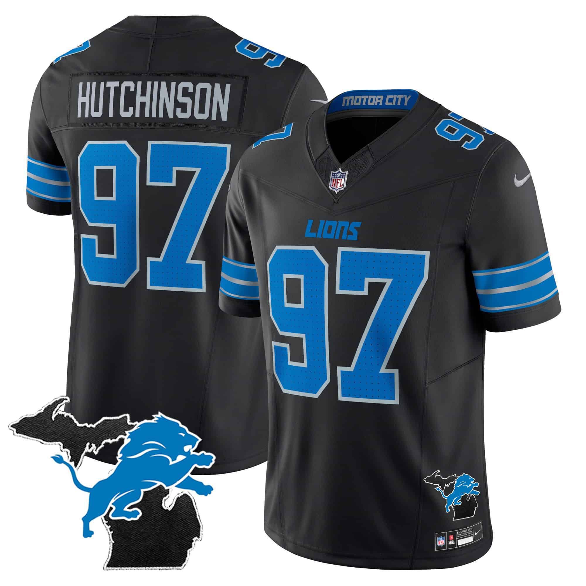 Men Detroit Lions #97 Hutchinson Black 2024 Nike Michigan Patch Vapor Limited NFL Jersey style 1
